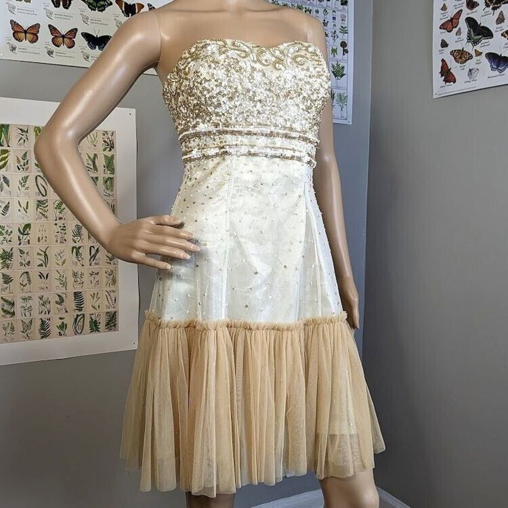 Vintage Scala Mini Dress Fairycore Ballet Strapless Sequin Mesh Prom Size M